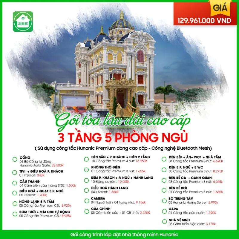 Trọn gói Tòa lâu đài cao cấp cho nhà 3 tầng, 5 phòng ngủ