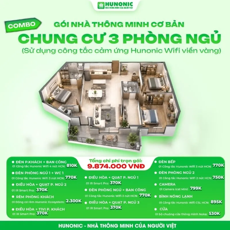 Trọn gói nhà thông minh Hunonic Cơ bản cho chung cư 3 phòng ngủ