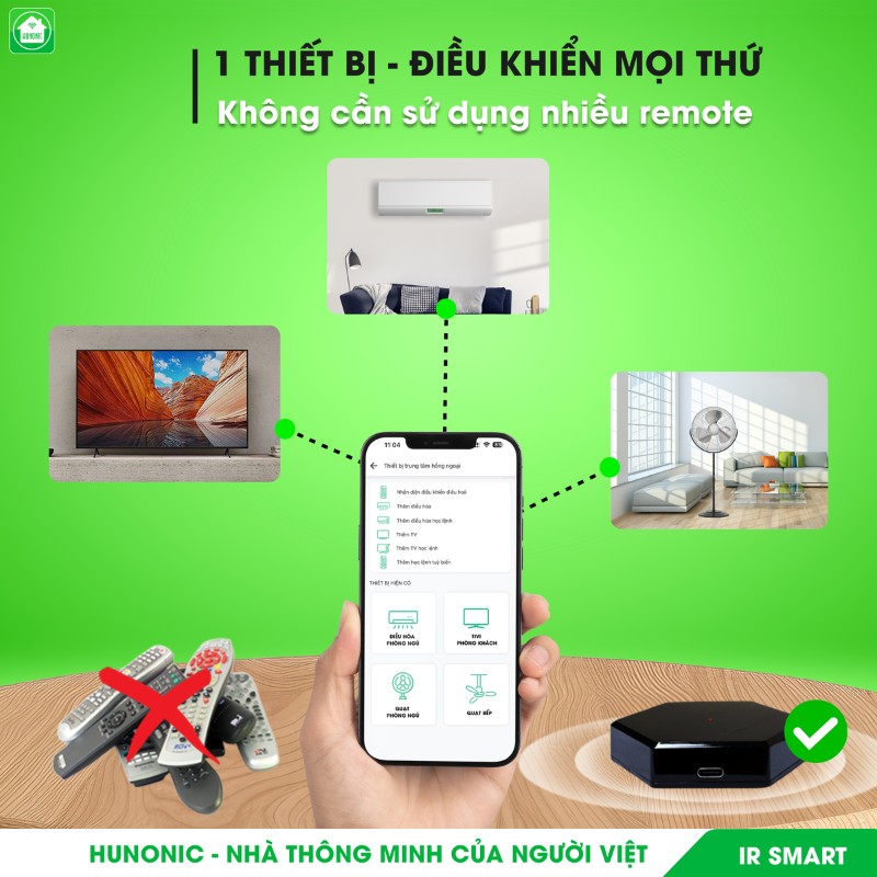 Bộ điều khiển hồng ngoại wifi Hunonic IR Smart, điều khiển Tivi, Điều Hoà qua điện thoại 3