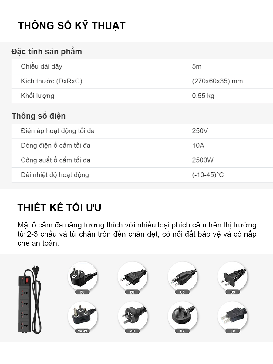 Ổ cắm đa năng chống giật 5m Ổ cắm đa năng chống giật 5m